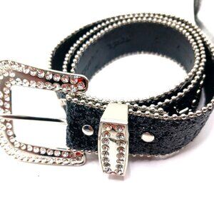 Silver Beaded and Stars + Black Rhinestone Belt 37Inches Long New